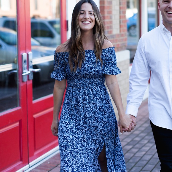 Lulus Navy Blue Floral Print Off-the-Shoulder Midi Dress - Picture 5 of 5